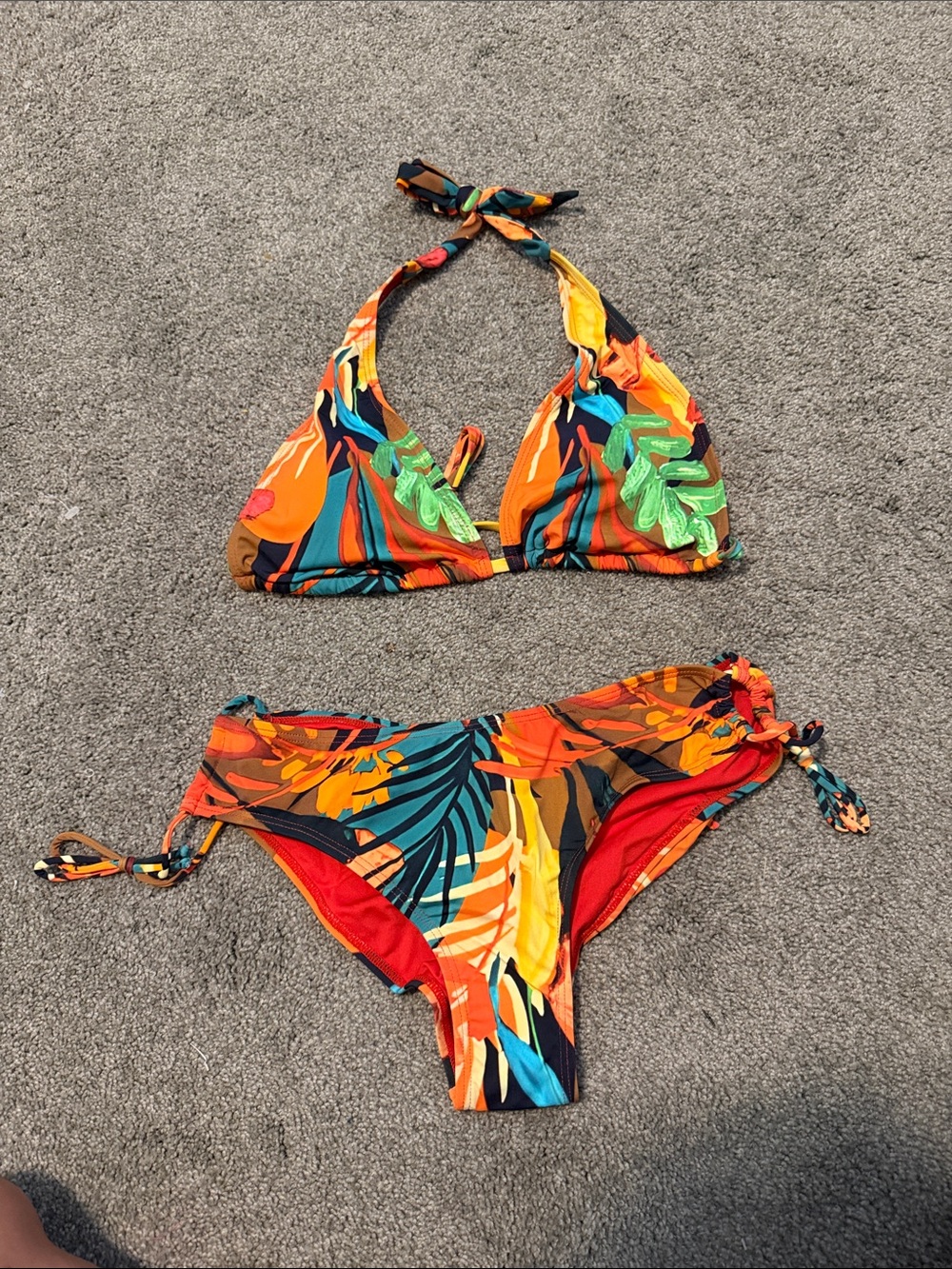 BeachJoy Women’s Tropical Leaf Halter Bikini Set - Orange Multi